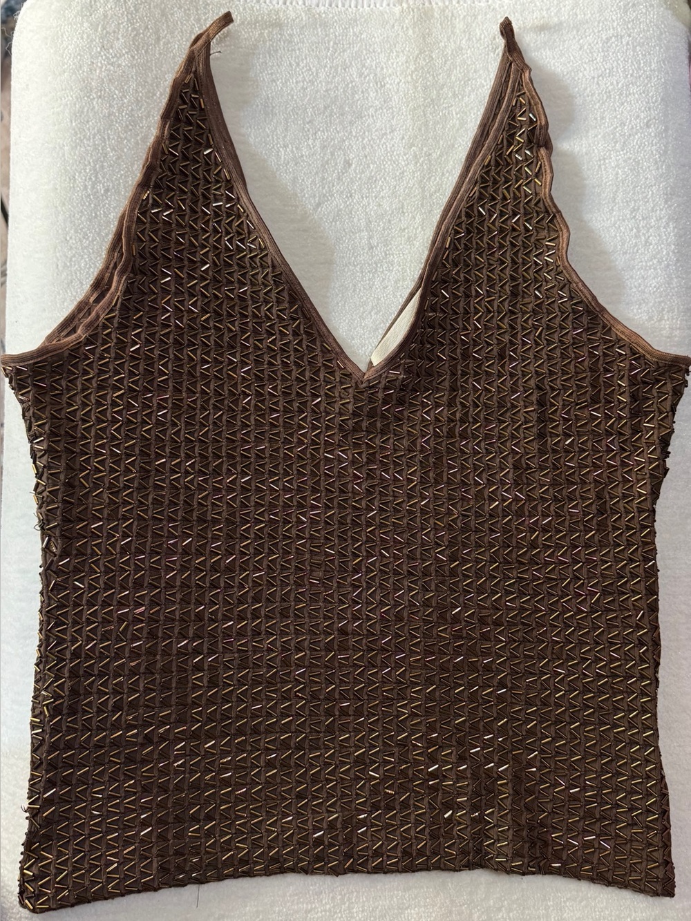Cache Y2K Bronze Metallic Beaded Cami Tank Top Large 90s Party Club Glam - Picture 9 of 11